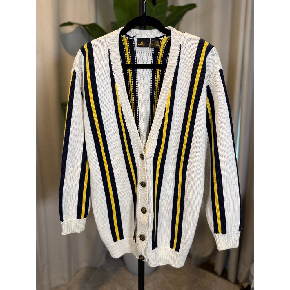 Lizsport Vintage Cotton Striped Cardigan Sweater White Navy Yellow Size M